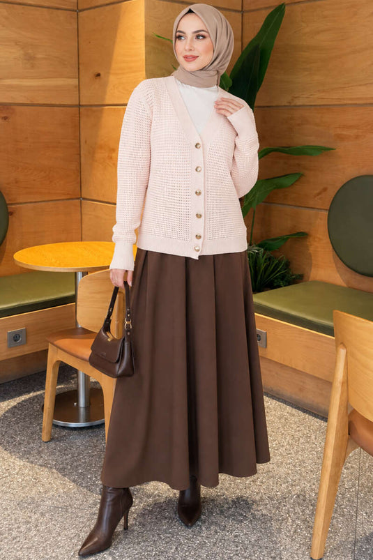 Pink Patterned V-Neck Knit Cardigan