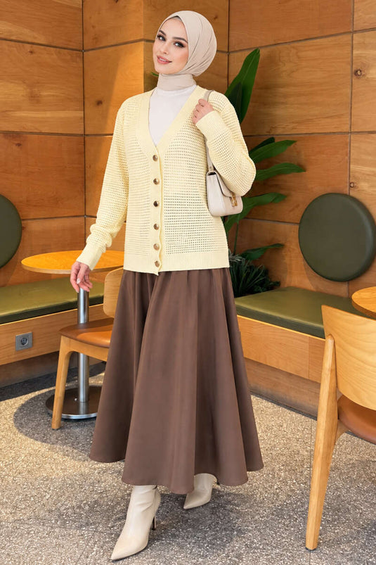 Yellow Patterned V-Neck Knit Cardigan