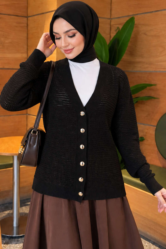 Gilet En Maille À Motif Ajur Et Col En V Noir