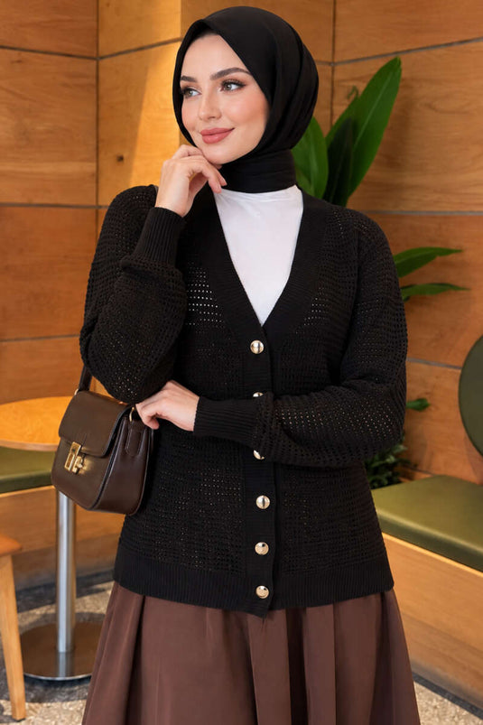Gilet En Maille À Motif Ajur Et Col En V Noir