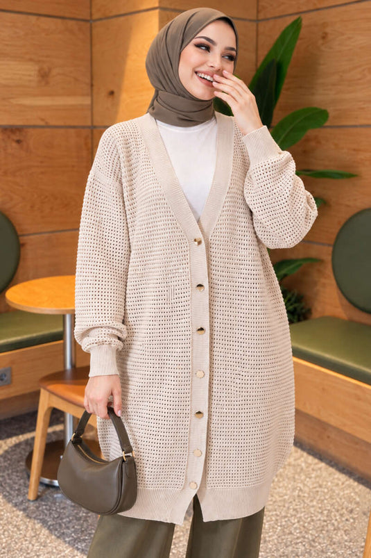Cardigan Lungo In Maglia Con Motivo E V-Scollatura Beige