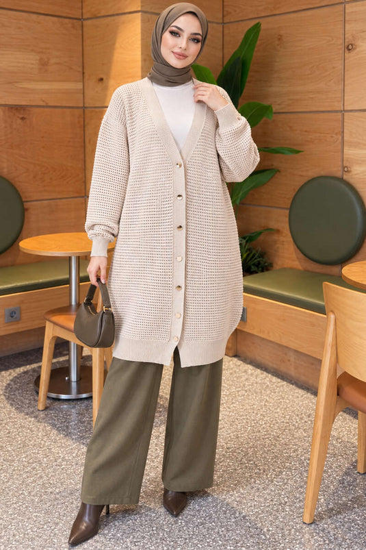 Cardigan Lungo In Maglia Con Motivo E V-Scollatura Beige