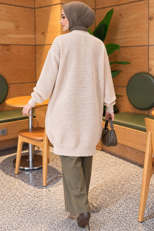 Cardigan Lungo In Maglia Con Motivo E V-Scollatura Beige