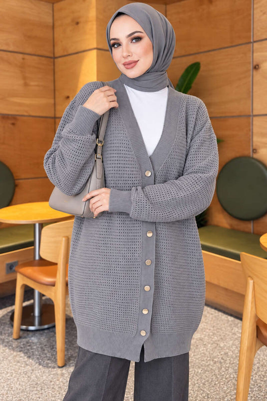 Patterned V-Neck Long Knit Cardigan In Grey