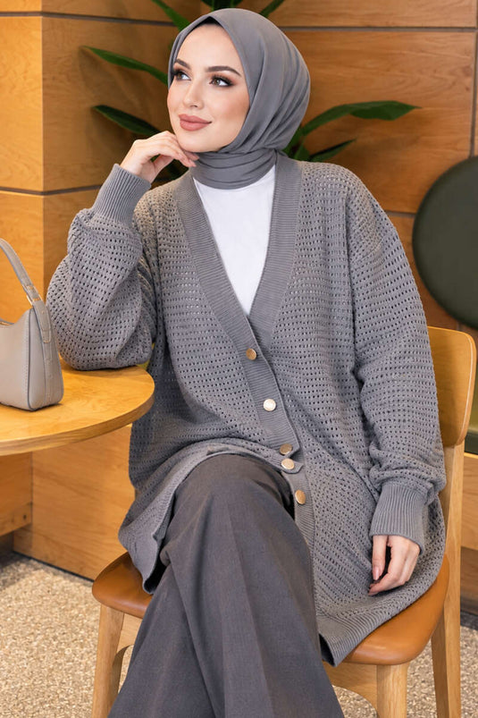 Patterned V-Neck Long Knit Cardigan In Grey