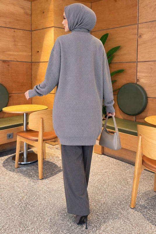 Patterned V-Neck Long Knit Cardigan In Grey