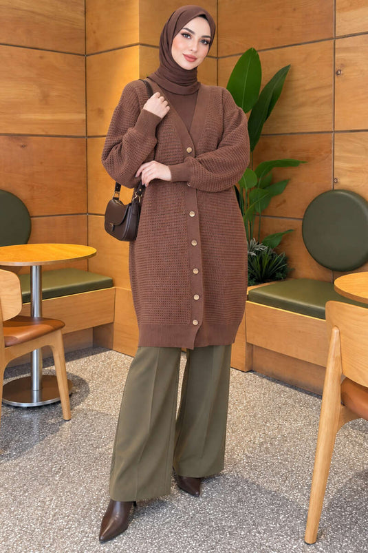 Ajur Patterned V-Neck Long Knit Cardigan Latte