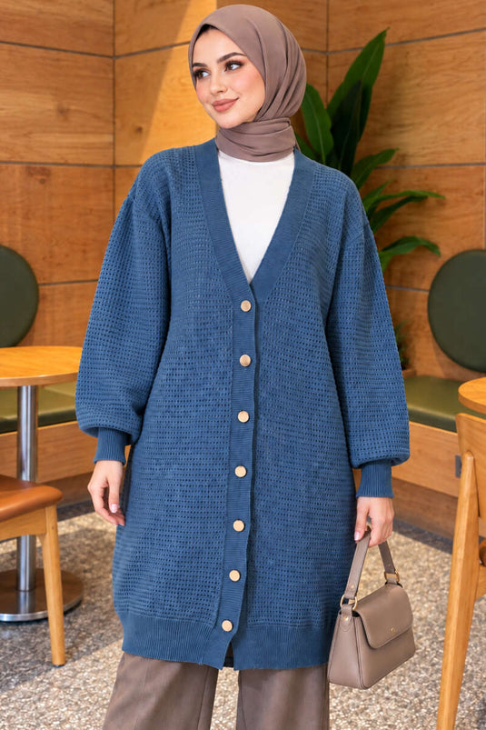 Blue Patterned V-Neck Long Knit Cardigan