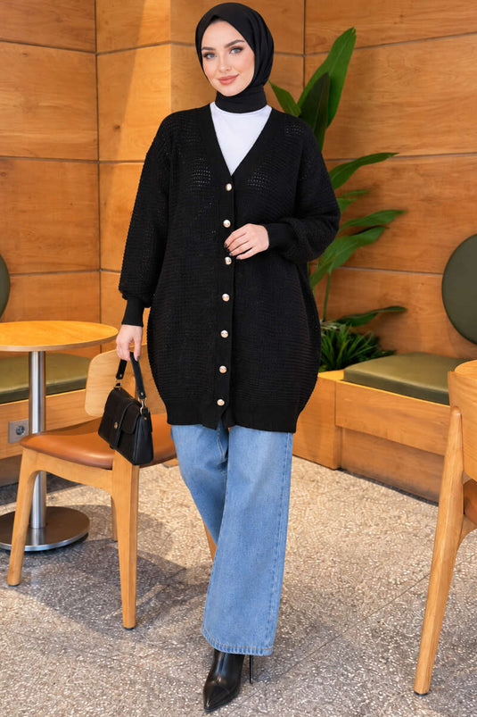 Ajur Patterned V-Neck Long Knit Cardigan Black