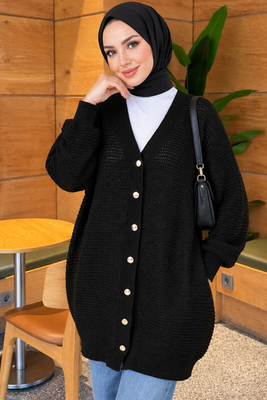 Ajur Patterned V-Neck Long Knit Cardigan Black
