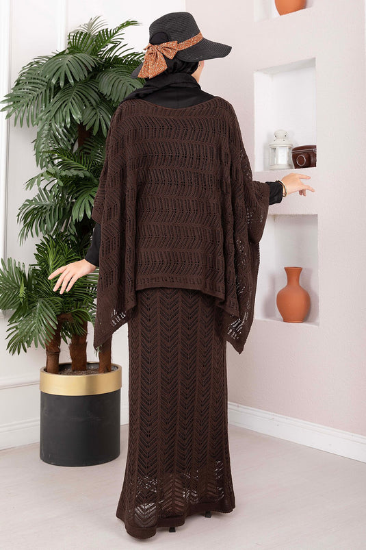 Completo Di Blusa E Gonna In Maglia Ricamata Color Caffè