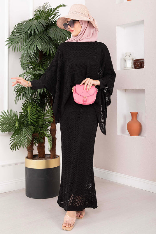 Ensemble Blouse Jupe En Tricot Brodé Noir