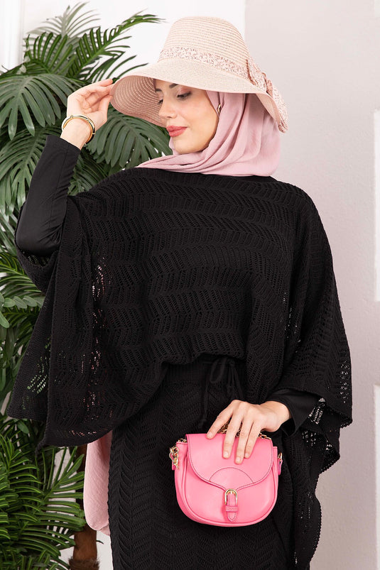 Ensemble Blouse Jupe En Tricot Brodé Noir
