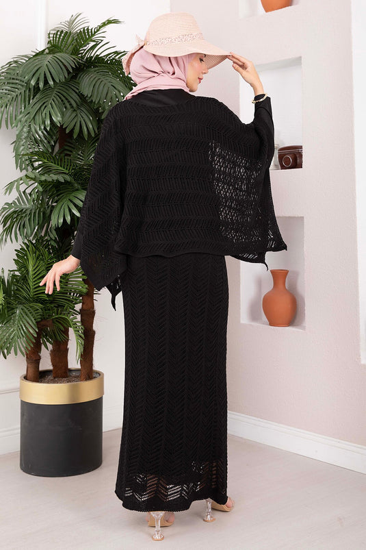 Ensemble Blouse Jupe En Tricot Brodé Noir