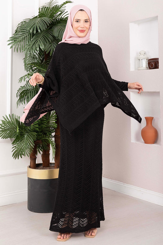 Ensemble Blouse Jupe En Tricot Brodé Noir