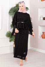 Ensemble Blouse Jupe En Tricot Brodé Noir