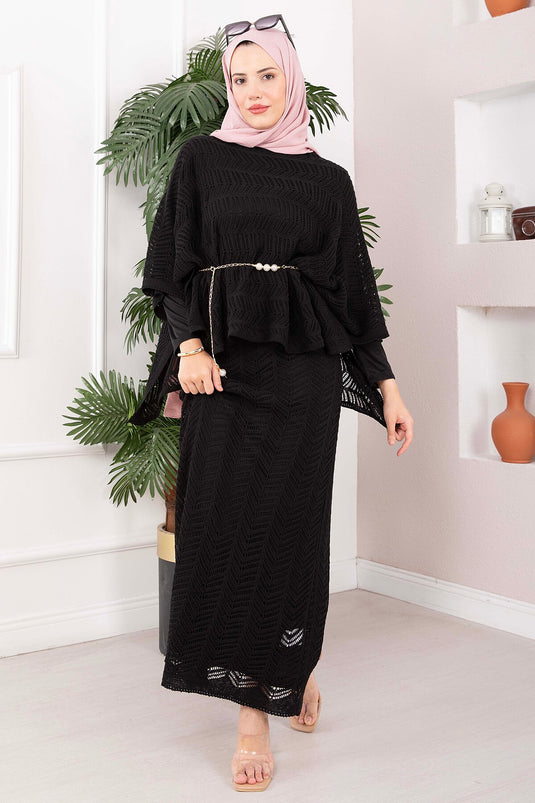 Ensemble Blouse Jupe En Tricot Brodé Noir