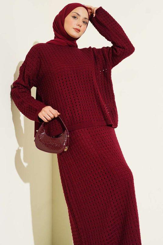 Ajurlu Etekli Triko İkili Takım Bordo