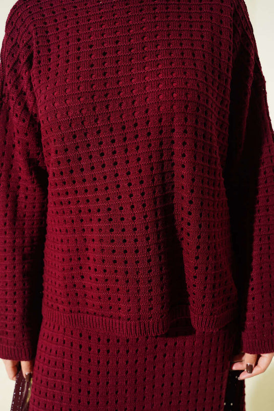 Ajurlu Etekli Triko İkili Takım Bordo