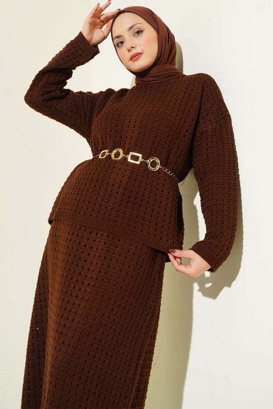 Ajurlu Etekli Triko İkili Takım Kahve