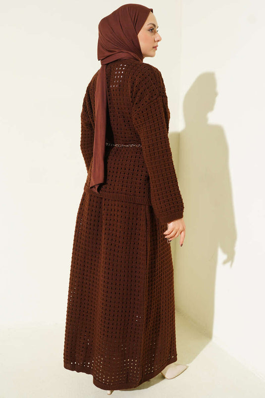 Ajurlu Etekli Triko İkili Takım Kahve