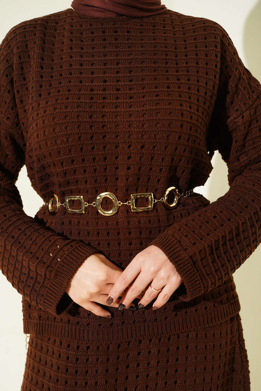 Ajurlu Etekli Triko İkili Takım Kahve