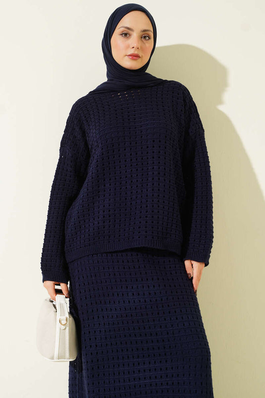 Ajurlu Etekli Triko İkili Takım Lacivert