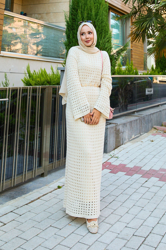 Ajurlu File Detaylı Triko Elbise Krem