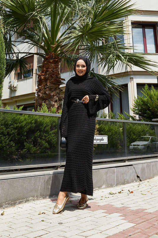 Openwork Mesh Detailed Knit Dress Black