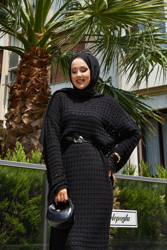 Openwork Mesh Detailed Knit Dress Black