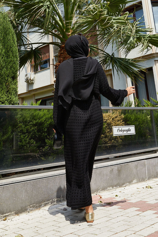 Openwork Mesh Detailed Knit Dress Black