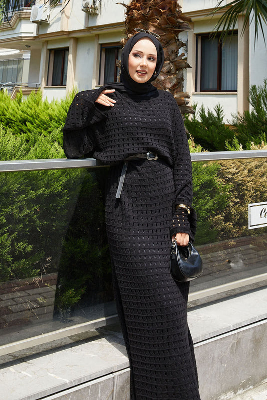Openwork Mesh Detailed Knit Dress Black