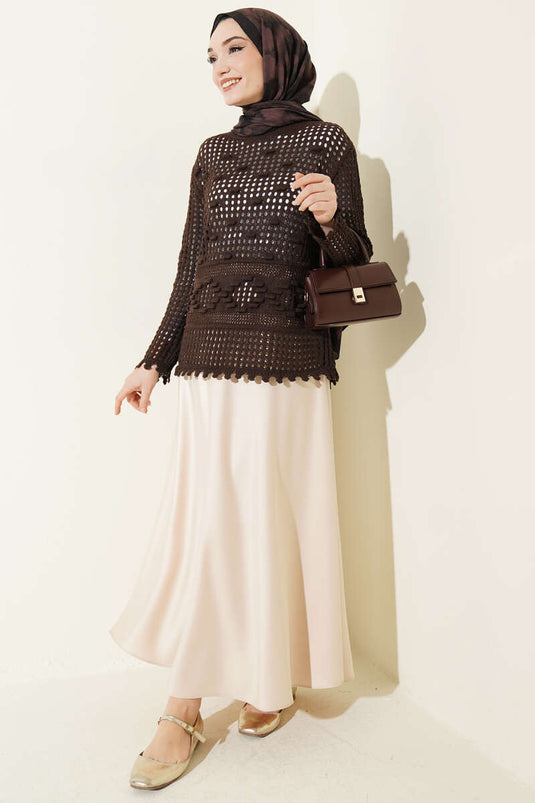 Openwork Embossed Pattern Sweater Brown
