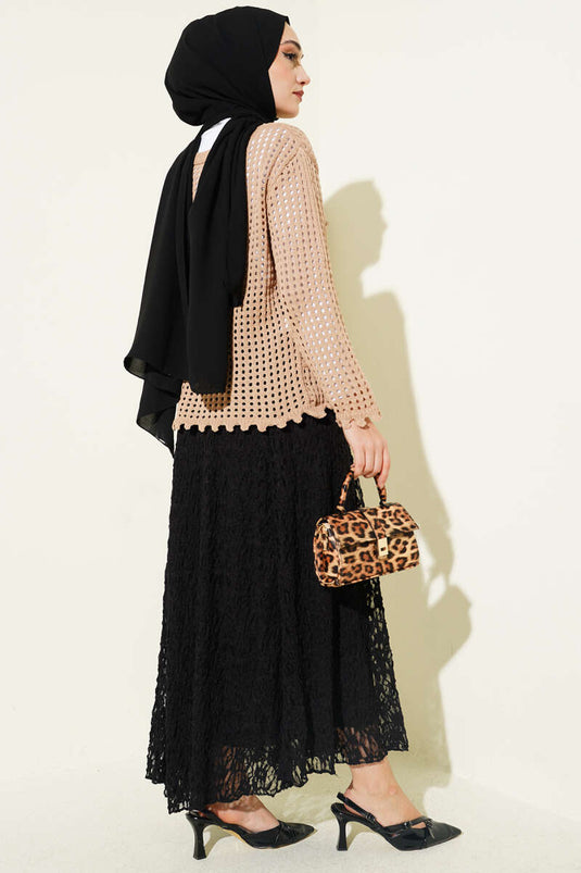 Latte Openwork Embossed Pattern Sweater