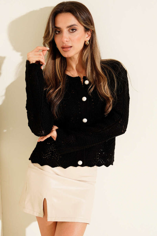 Ajurlu Top Düğmeli Triko Hırka Siyah