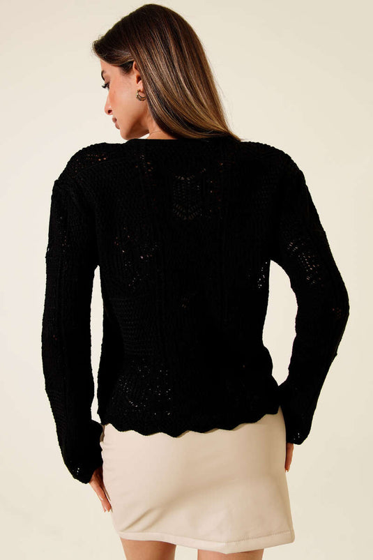 Ajurlu Top Düğmeli Triko Hırka Siyah