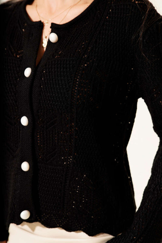 كارديجان أسود محبوك بأزرار ونقش مفتوح