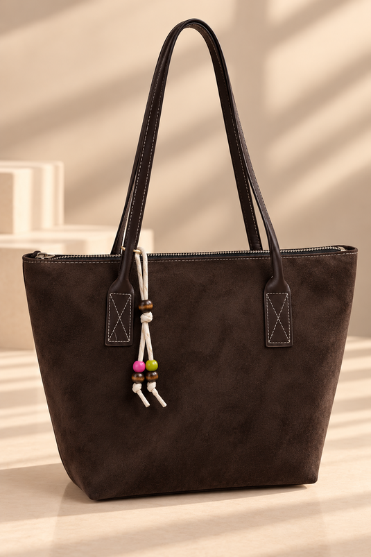 Bolso De Mano Y Bandolera De Ante Marrón Con Regalo De Accesorios