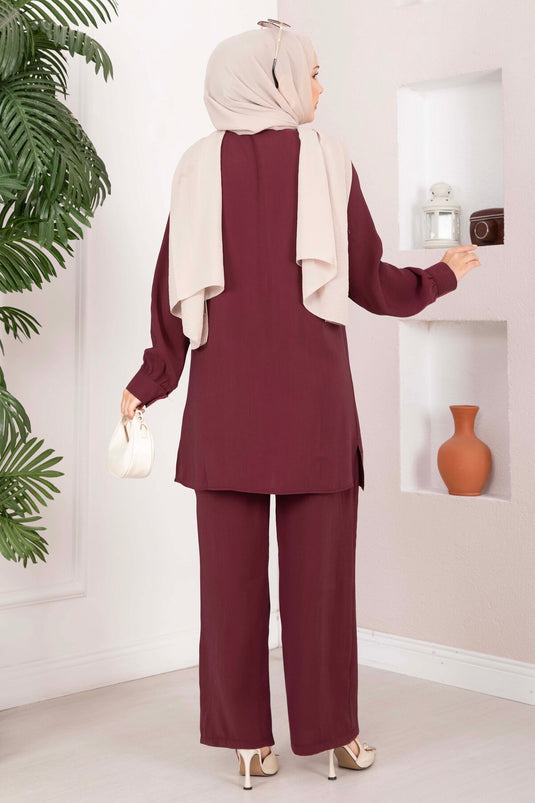 Bordeaux Gestepptes Tunika-Und-Hose-Set