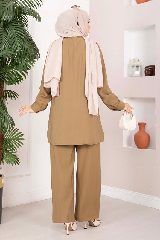 Aller Detaylı Düğmeli Tunik Pantolon Takım Camel