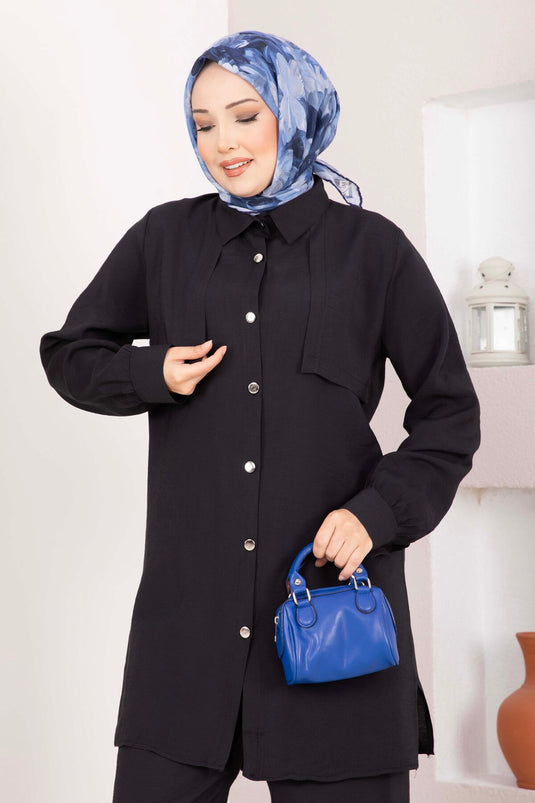 Aller Detaylı Düğmeli Tunik Pantolon Takım Siyah