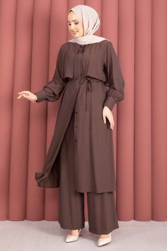 Aller Detailed Pants Two-Piece Set Brown