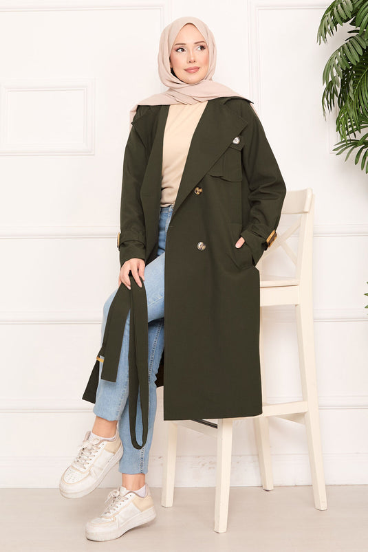 Trench-coat hijab amovible détaillé avec ceinture Aller Kaki