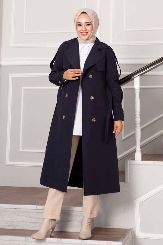 Allerli Button Detail Trench Coat Navy Blue