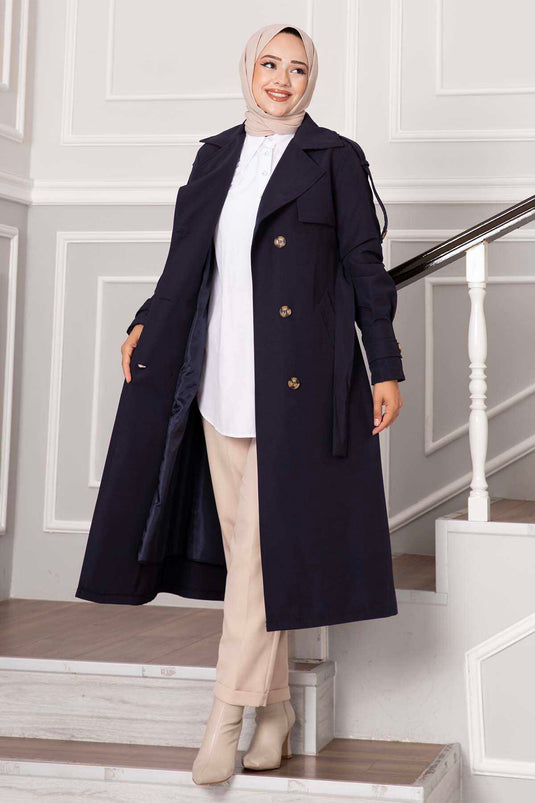 Aller Button Detaillierter Trenchcoat in Marineblau