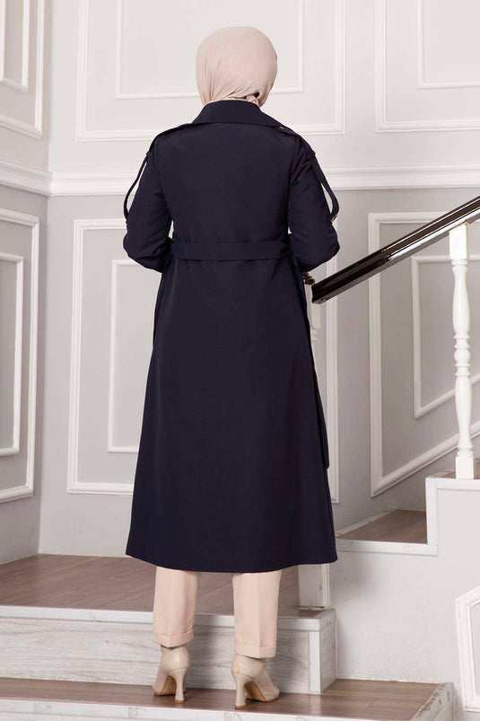 Allerli Button Detail Trench Coat Navy Blue