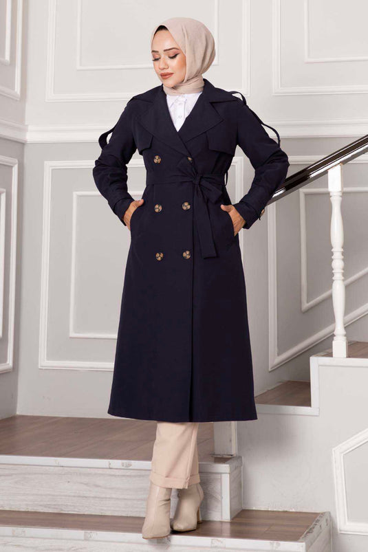 Allerli Button Detail Trench Coat Navy Blue