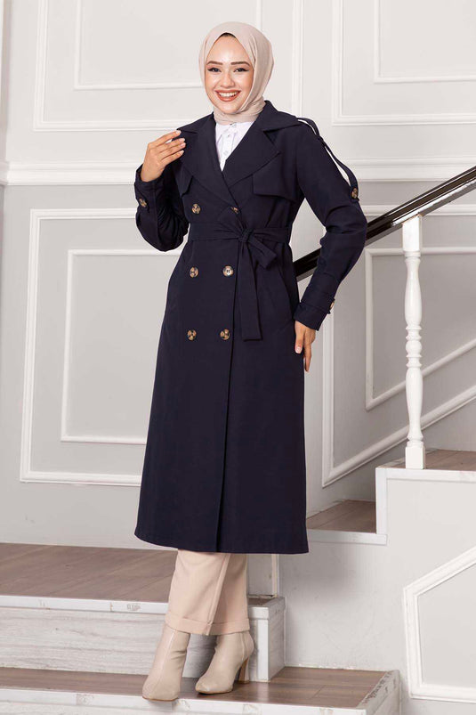 Allerli Button Detail Trench Coat Navy Blue