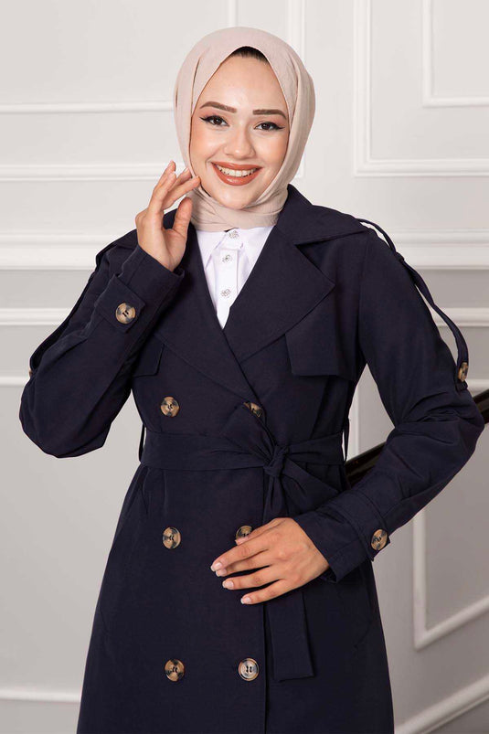 Allerli Button Detail Trench Coat Navy Blue