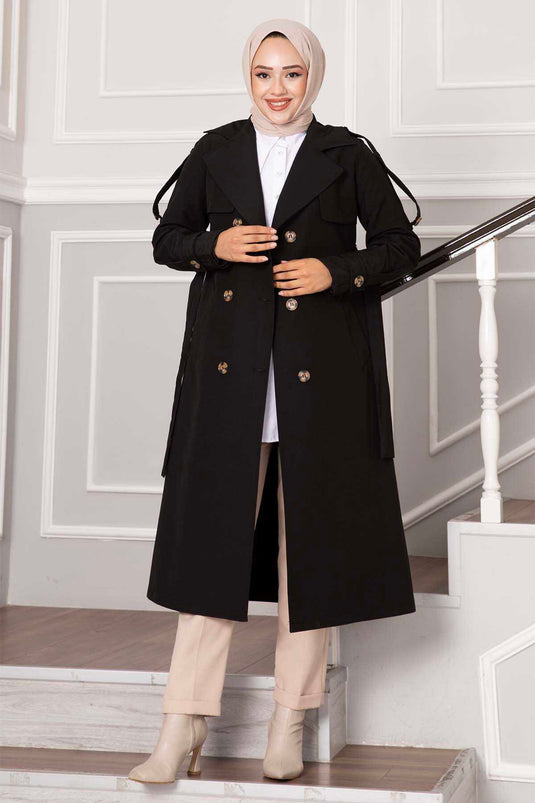 Aller Button Detaillierter Trenchcoat Schwarz